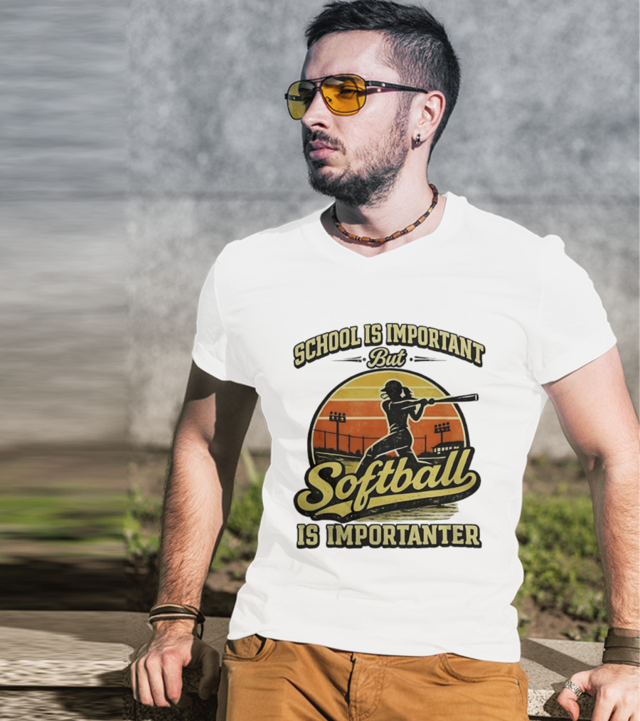 School Is Important But Softball Is Importanter Retro Silhouette Batter T-Shirt