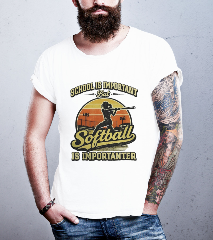School Is Important But Softball Is Importanter Retro Silhouette Batter T-Shirt
