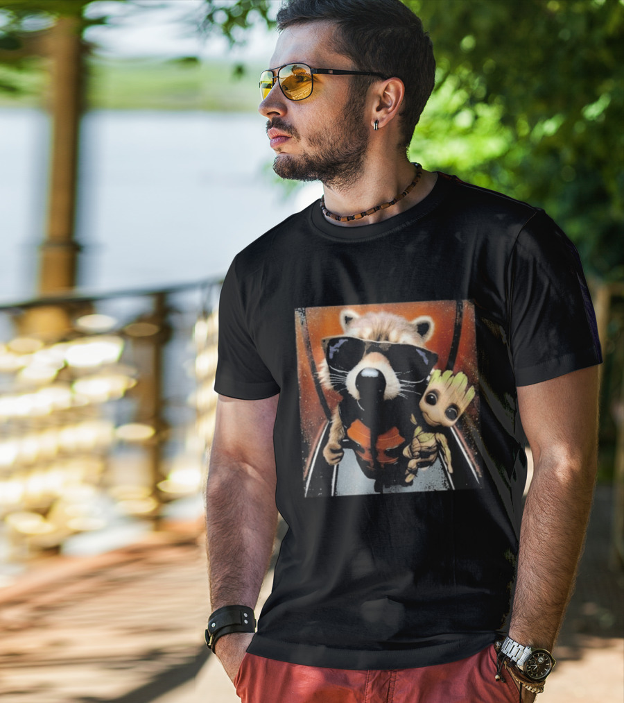 John Bates Raccoon And Baby Tree Alien With Sunglasses And Orange Suit T-Shirt