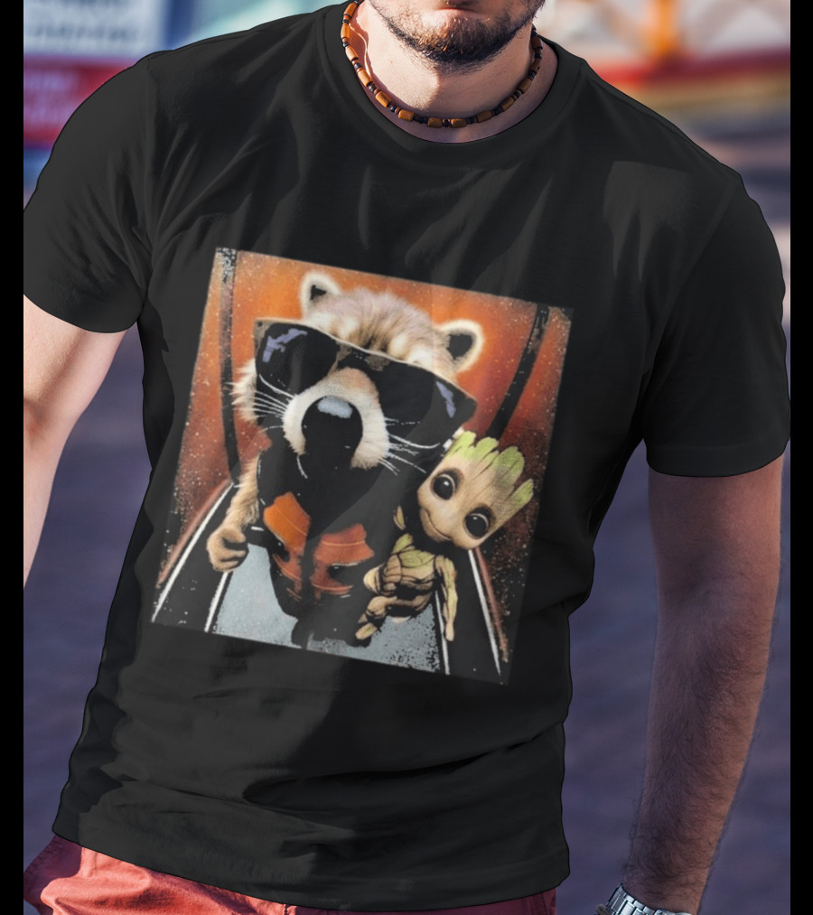 John Bates Raccoon And Baby Tree Alien With Sunglasses And Orange Suit T-Shirt