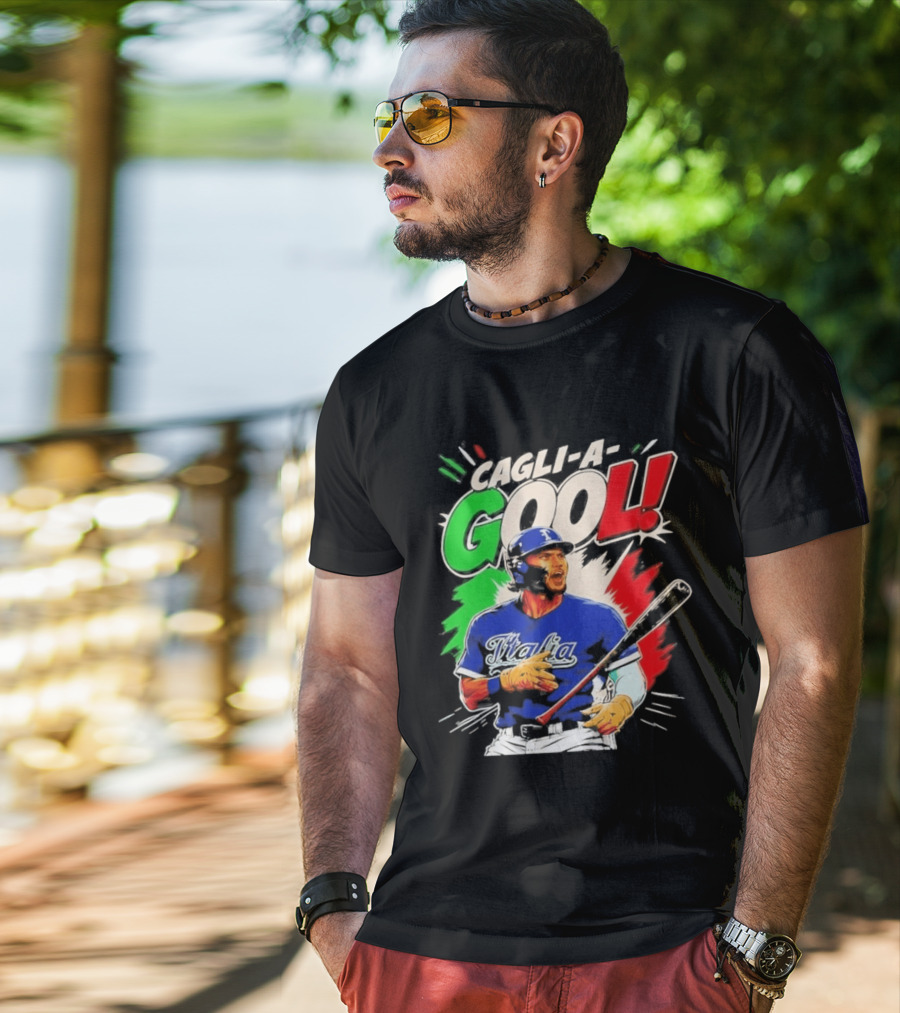 Cagli A Gool Italia Baseball Player Hitter With Italian Flag T-Shirt