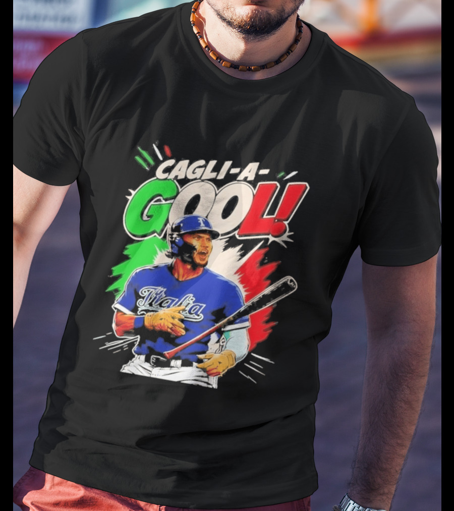 Cagli A Gool Italia Baseball Player Hitter With Italian Flag T-Shirt