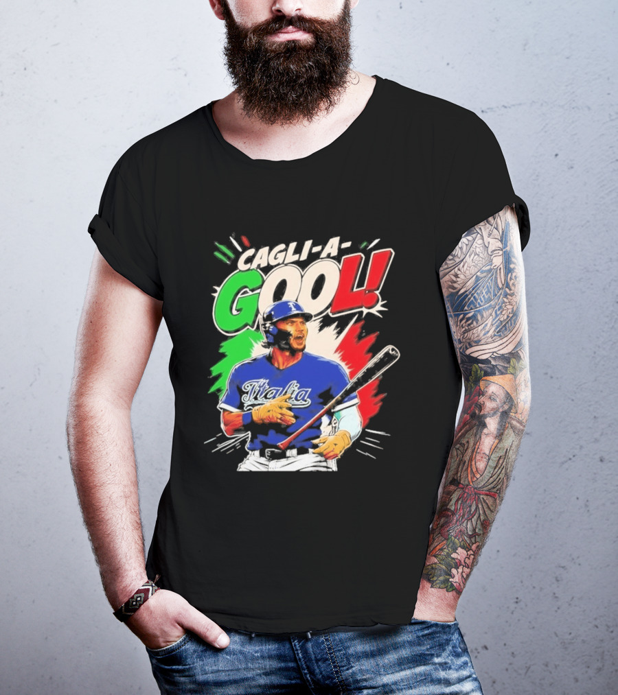 Cagli A Gool Italia Baseball Player Hitter With Italian Flag T-Shirt