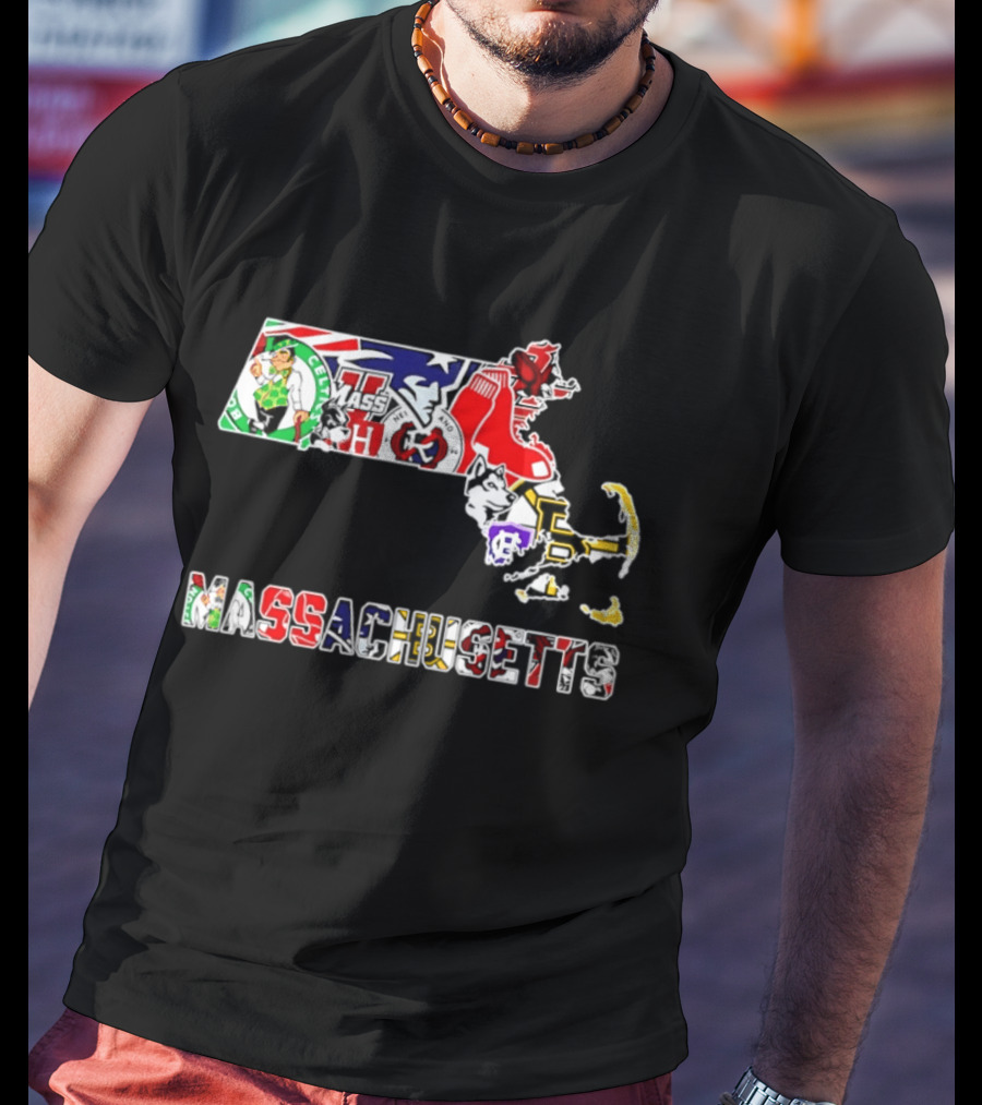 Massachusetts Sports Teams Collage Map Celtics Patriots Red Sox Bruins Revolution T-Shirt