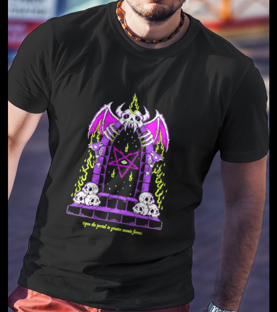 Open The Portal To Greater Cosmic Forces Pentagram Skull With Bat Wings And All Seeing Eye T-Shirt