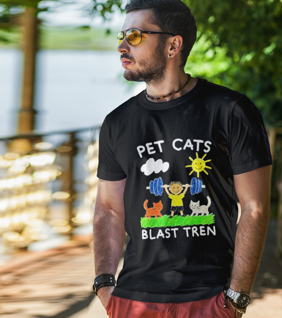 Pet Cats Blast Tren Bodybuilding Gym Child With Weights Sun And Clouds T-Shirt