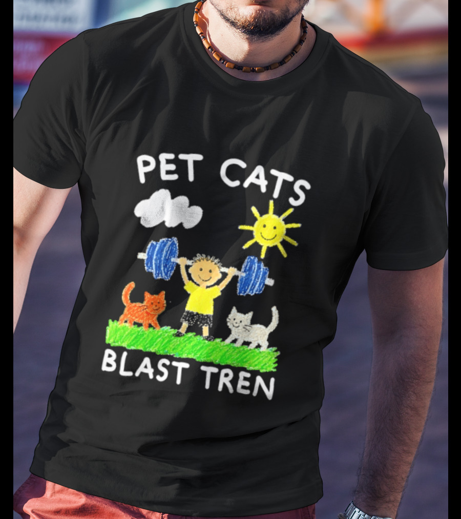 Pet Cats Blast Tren Bodybuilding Gym Child With Weights Sun And Clouds T-Shirt