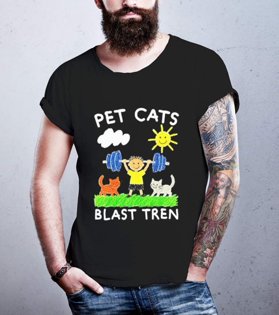 Pet Cats Blast Tren Bodybuilding Gym Child With Weights Sun And Clouds T-Shirt