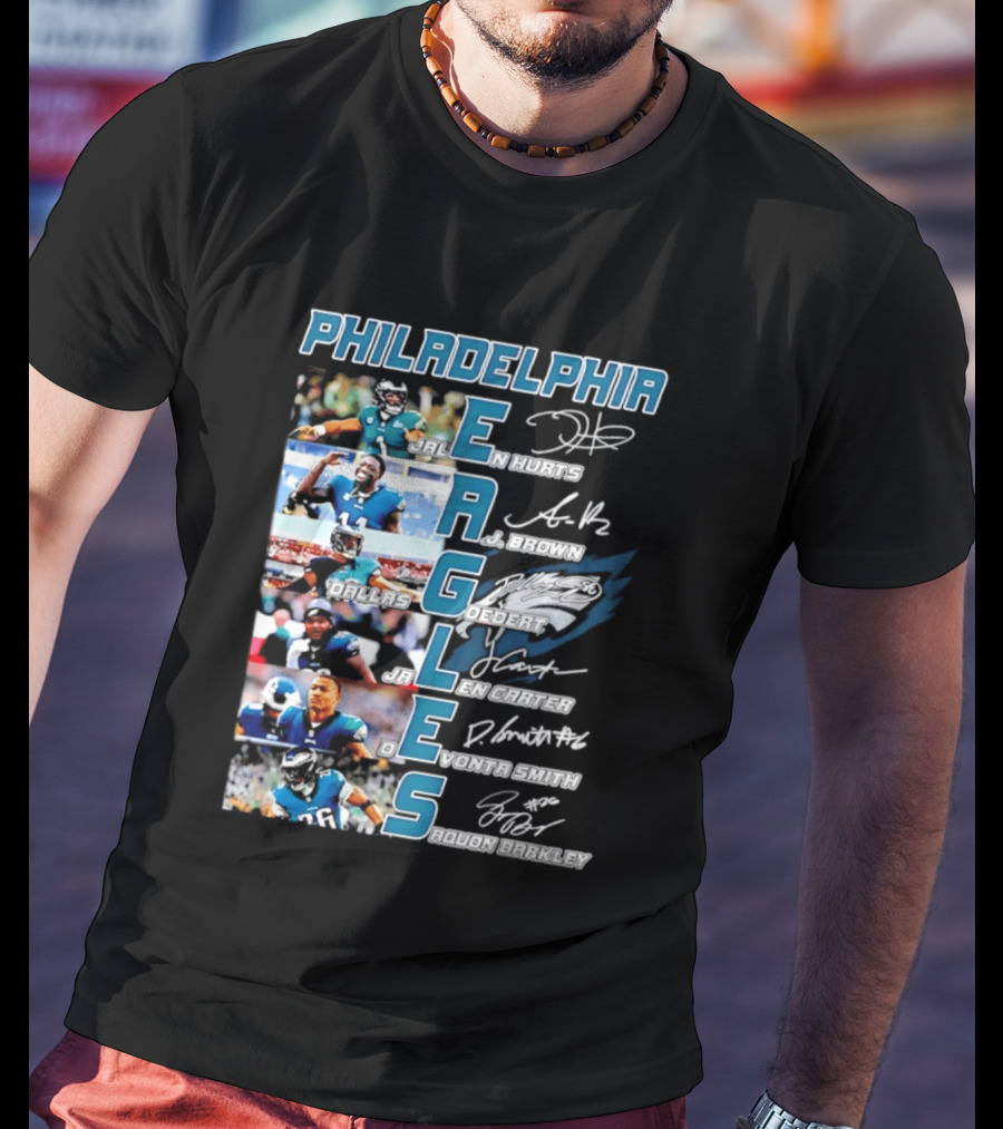 Philadelphia Eagles Jalen Hurts AJ Brown Dallas Goedert Jalen Carter DeVonta Smith Saquon Barkley Signatures Team T-Shirt
