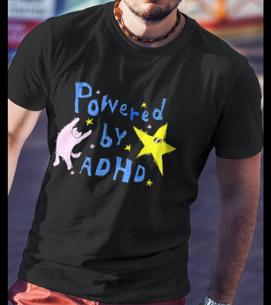 Powered By ADHD Neurodivergent Star And Cat With Yellow Stars T-Shirt