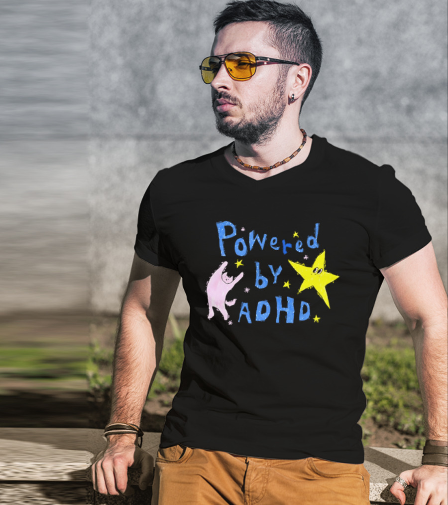 Powered By ADHD Neurodivergent Star And Cat With Yellow Stars T-Shirt