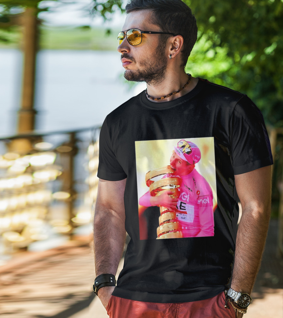 Tadej Pogacar 2024 Giro D'Italia Trophy Celebration In Pink Jersey T-Shirt