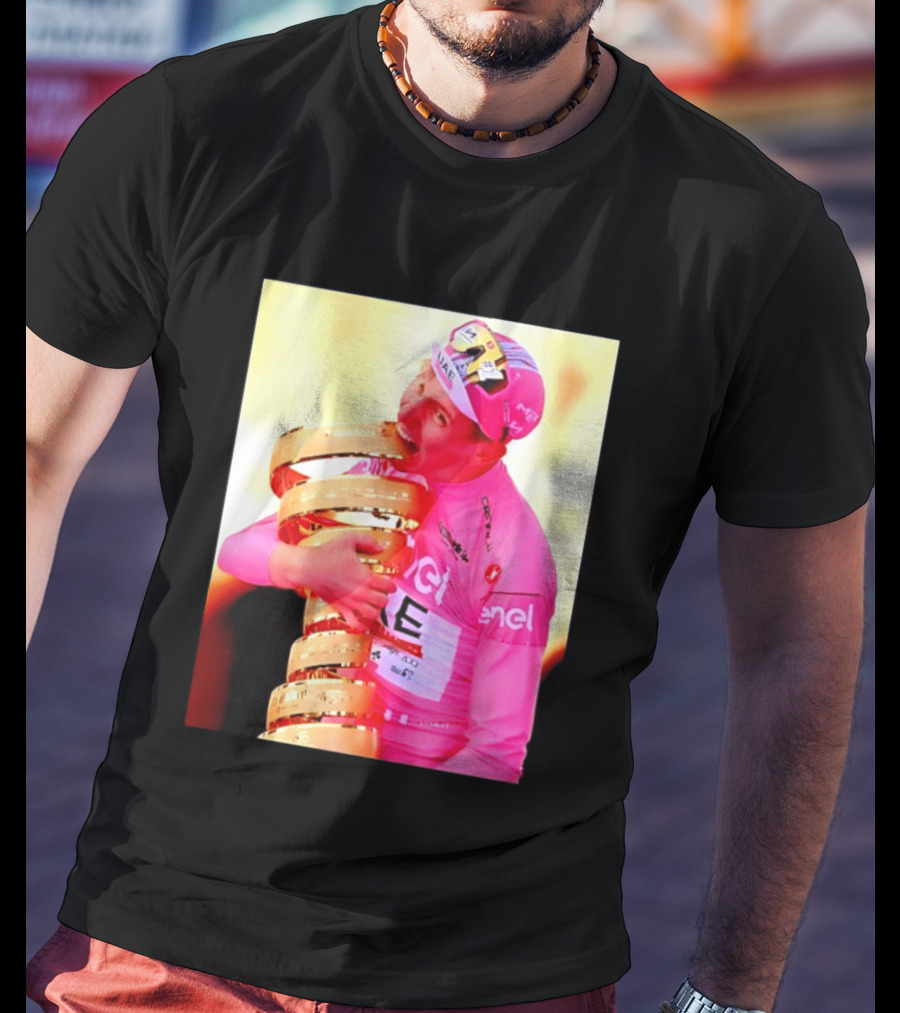 Tadej Pogacar 2024 Giro D'Italia Trophy Celebration In Pink Jersey T-Shirt
