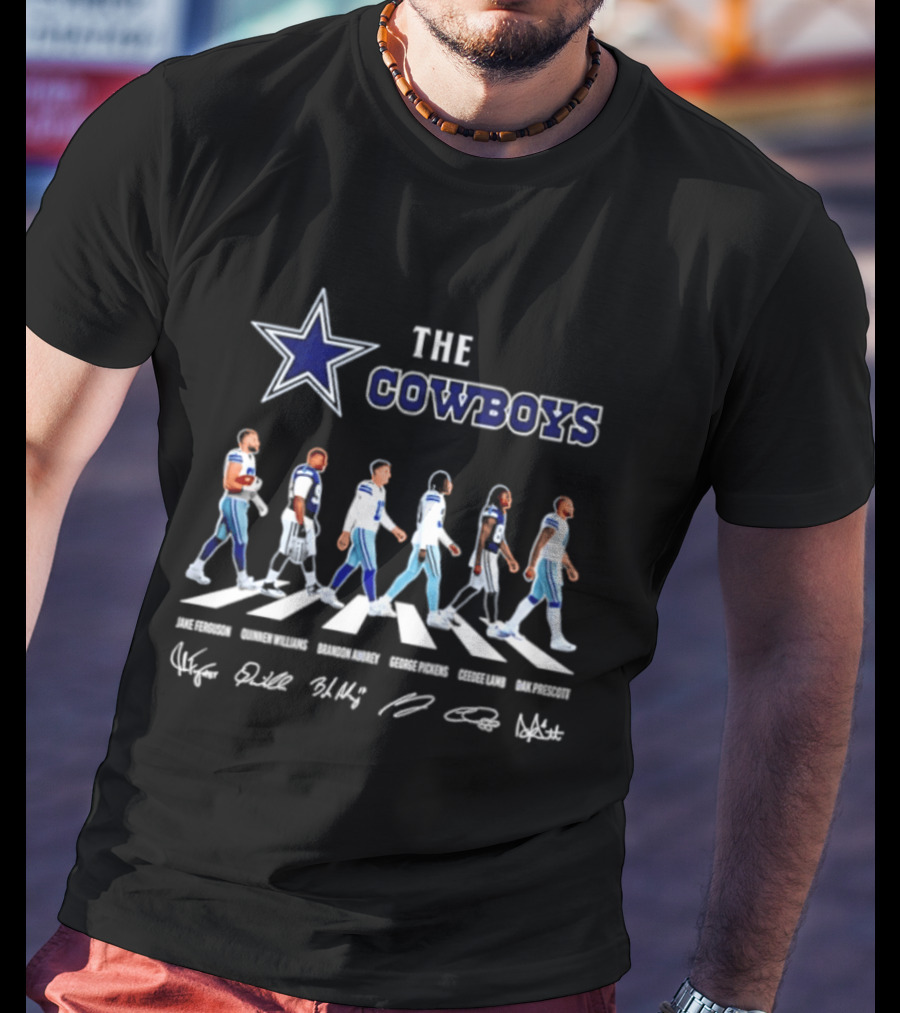 The Cowboys Jake Ferguson Brandon Aubrey Abbey Road Signatures Dak Prescott CeeDee Lamb Quinnen Williams George Pickens T-Shirt