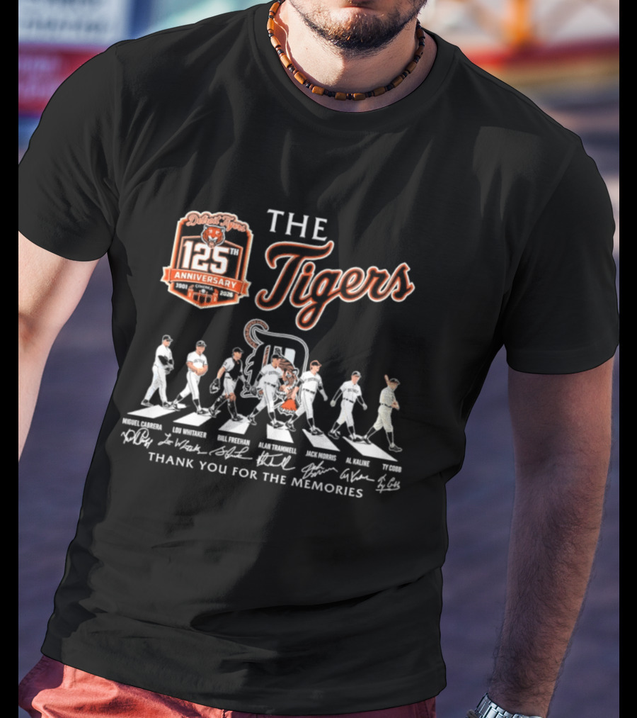 The Detroit Tigers 125th Anniversary Cabrera Whitaker Freehan Trammell Morris Kaline Cobb Thank You For The Memories T-Shirt
