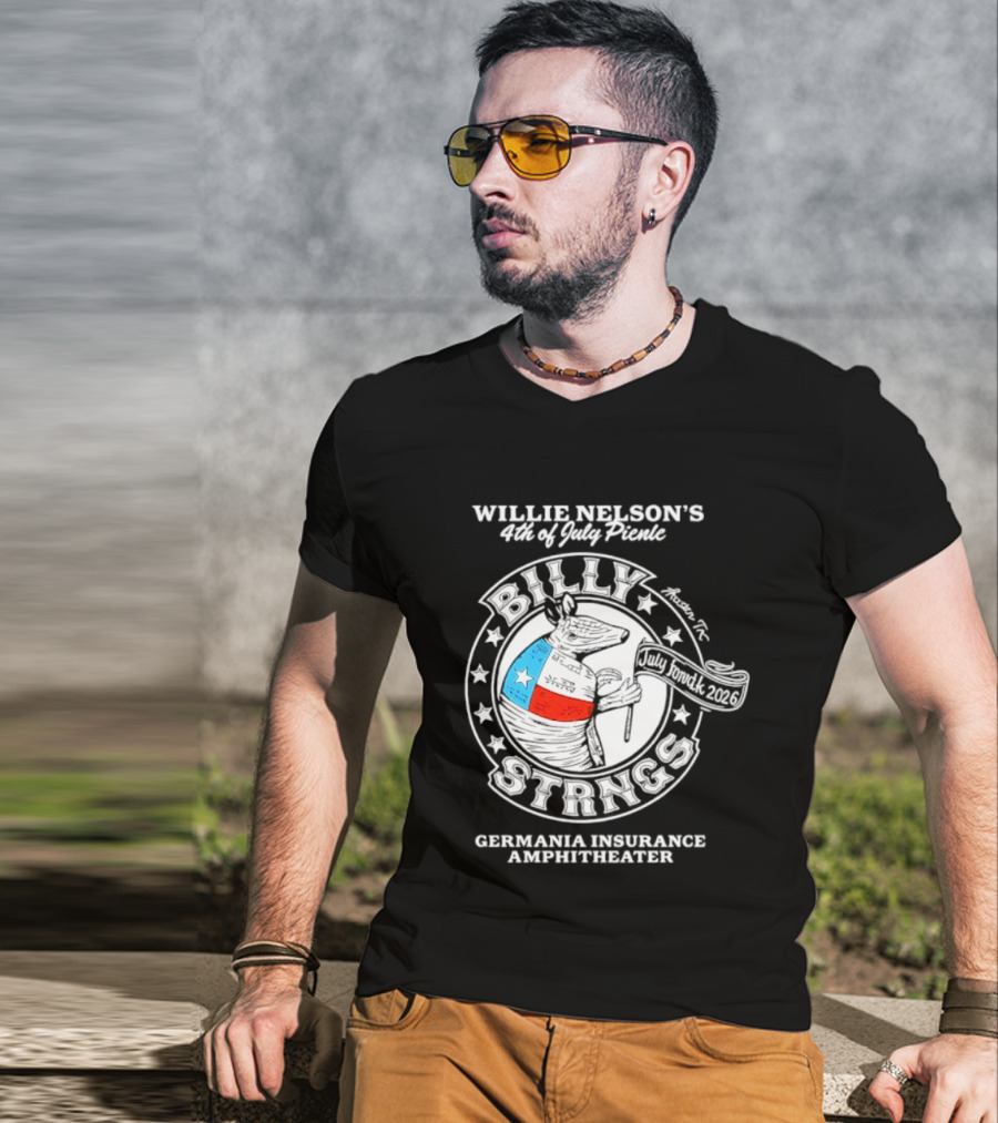 Willie Nelson's 4th Of July Picnic Billy Strings Germania Insurance Amphitheater Texas Flag Guitar T-Shirt