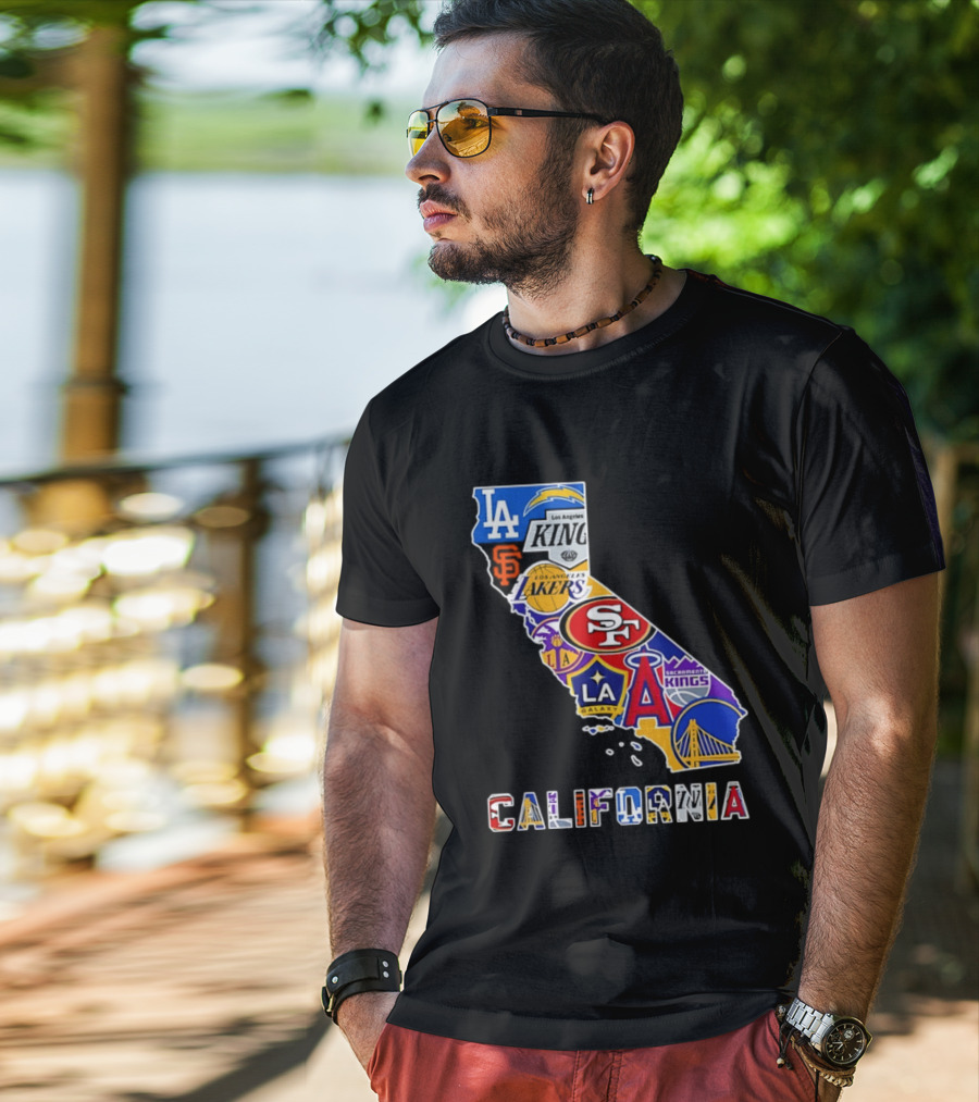 California Map Collage With 49ers Lakers Kings Giants Angels Dodgers Logos 2026 T-Shirt