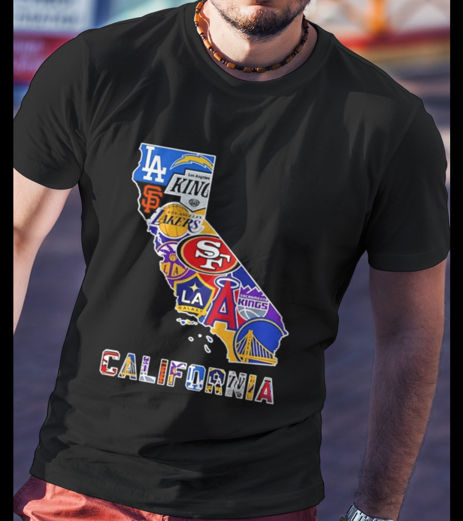 California Map Collage With 49ers Lakers Kings Giants Angels Dodgers Logos 2026 T-Shirt