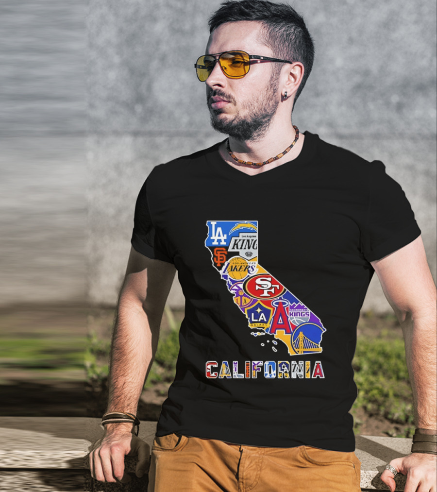 California Map Collage With 49ers Lakers Kings Giants Angels Dodgers Logos 2026 T-Shirt