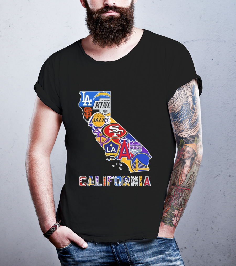 California Map Collage With 49ers Lakers Kings Giants Angels Dodgers Logos 2026 T-Shirt