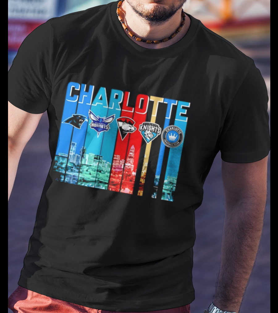 Charlotte Panthers Hornets Knights City Skyline Sports Team Logos T-Shirt