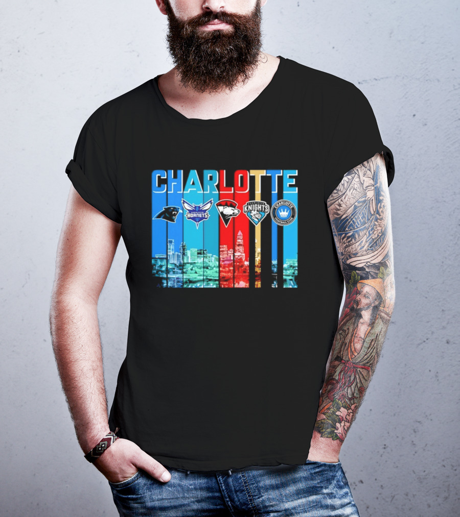 Charlotte Panthers Hornets Knights City Skyline Sports Team Logos T-Shirt