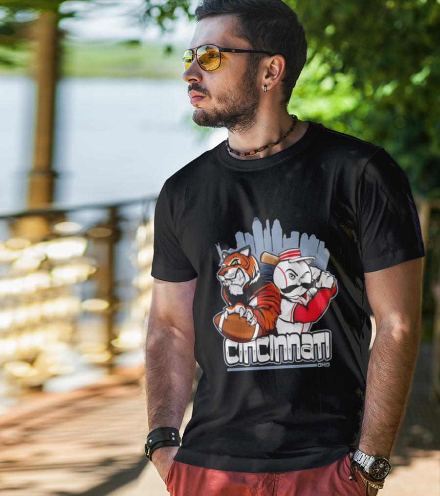 Cincinnati Reds Bengals Skyline Ohio Tiger And Baseball Character 2026 T-Shirt