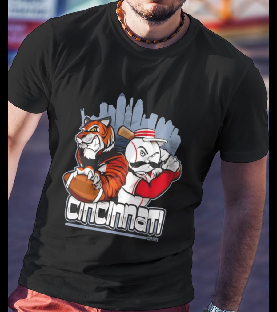 Cincinnati Reds Bengals Skyline Ohio Tiger And Baseball Character 2026 T-Shirt