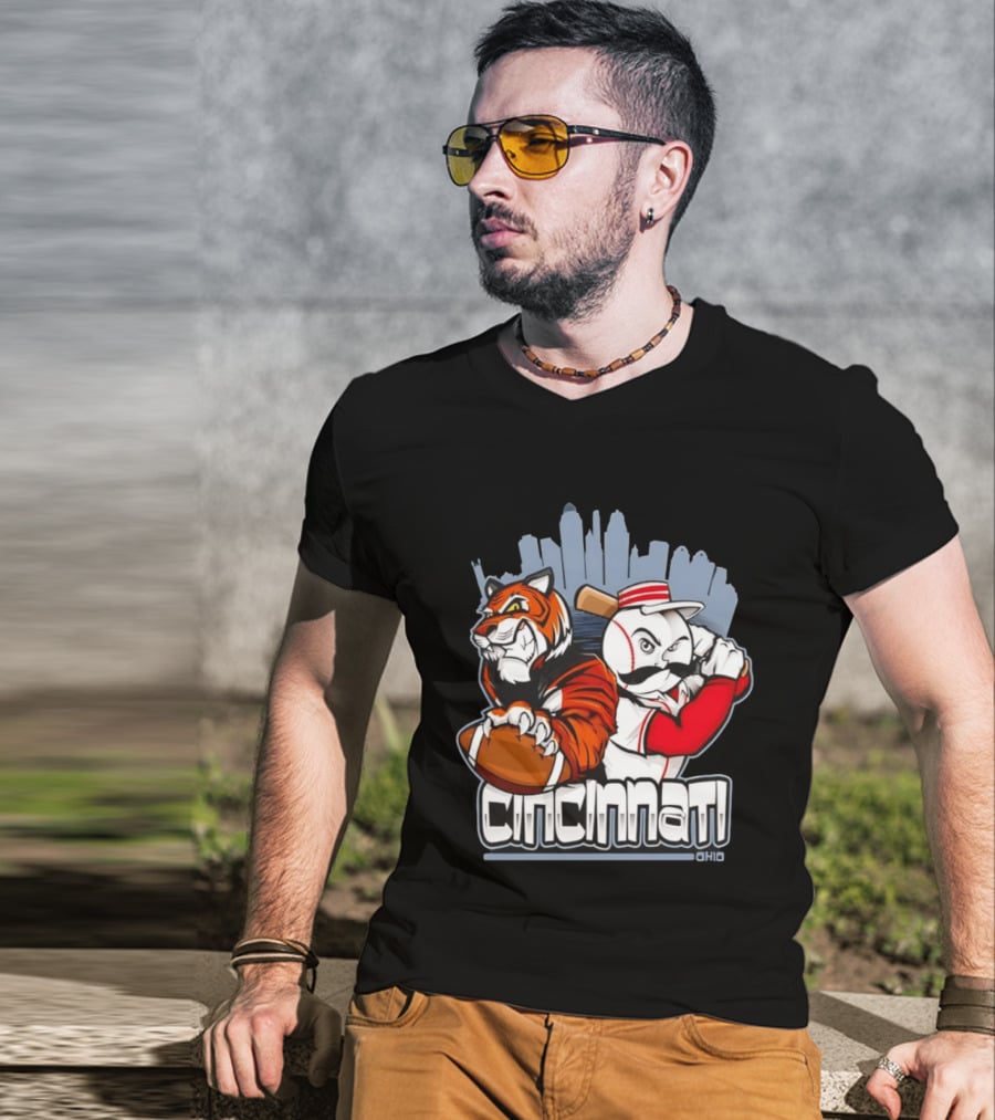 Cincinnati Reds Bengals Skyline Ohio Tiger And Baseball Character 2026 T-Shirt