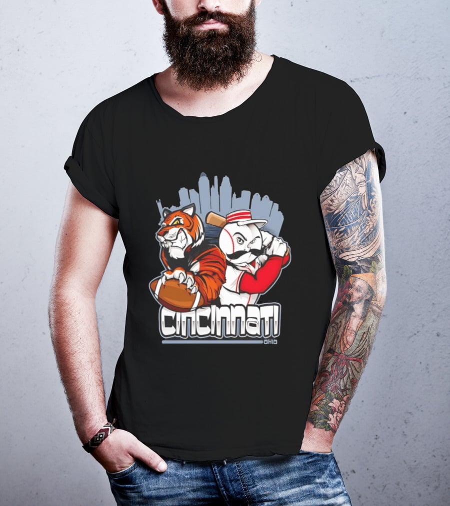 Cincinnati Reds Bengals Skyline Ohio Tiger And Baseball Character 2026 T-Shirt