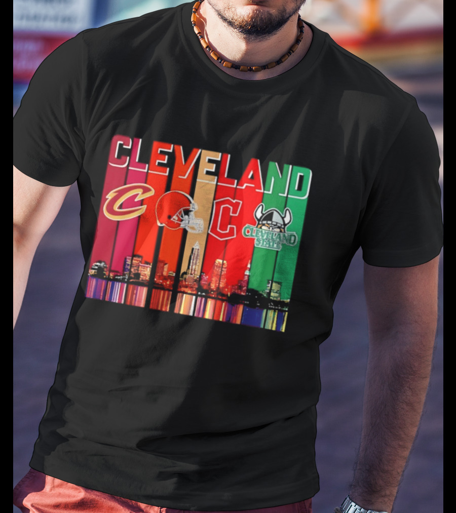 Cleveland Cavaliers Browns Guardians Cleveland State Vikings City Skyline T-Shirt