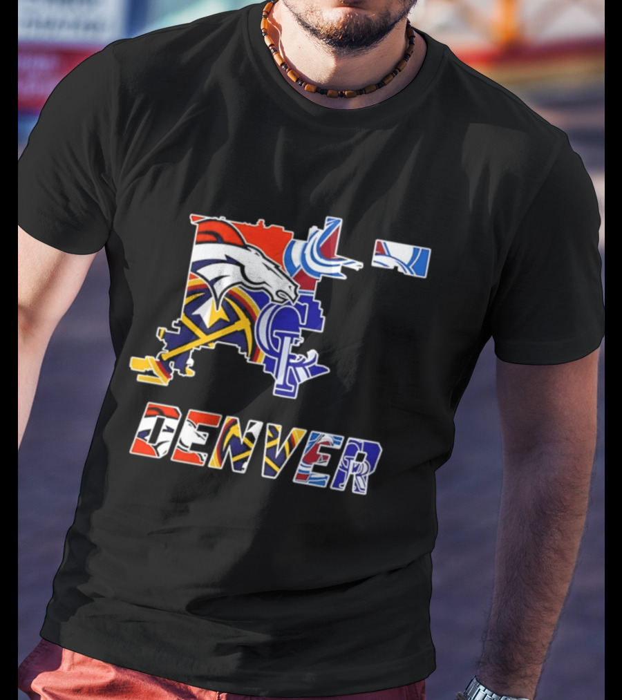 Denver Broncos Nuggets Avalanche Rockies Map Sports Team Logos T-Shirt