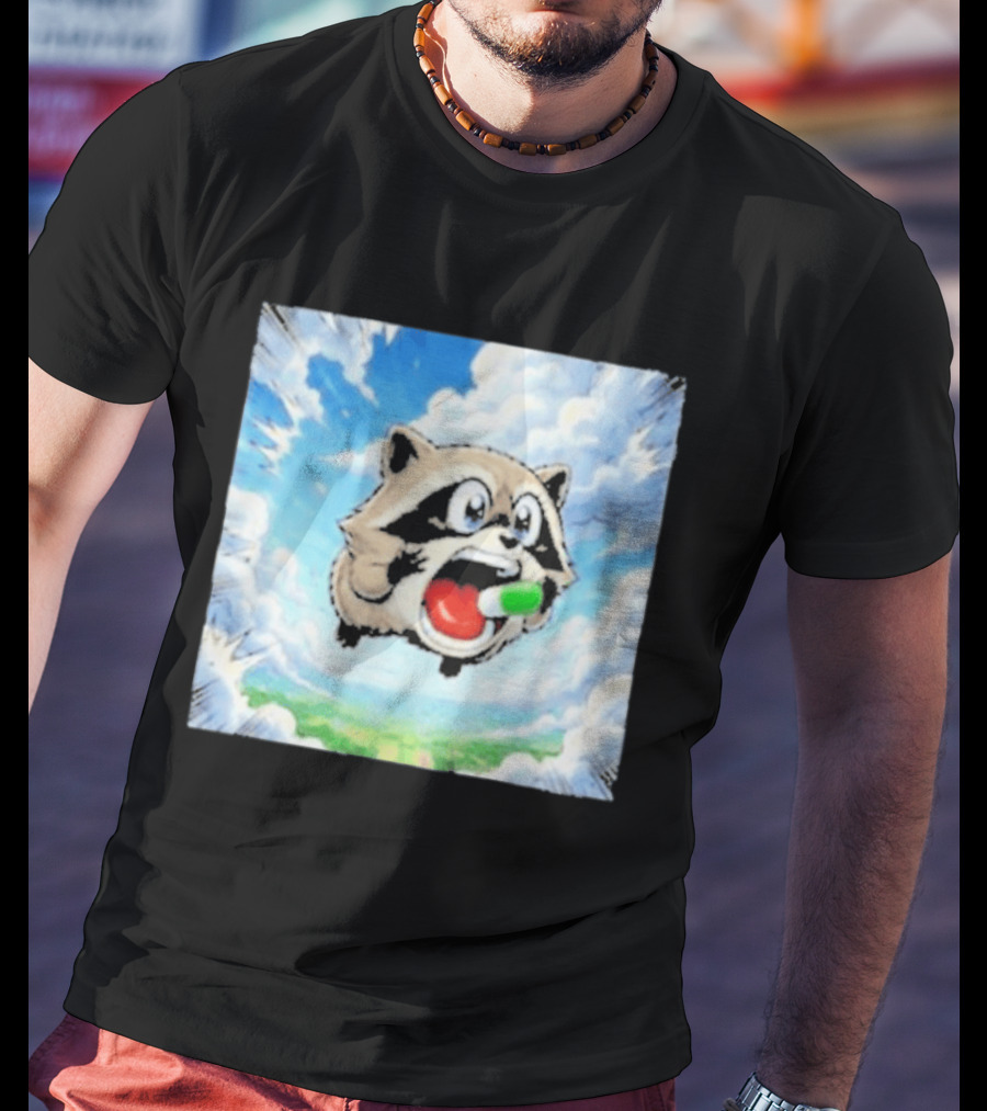 Jimothy Raccoon Cartoon Sky Dive With Colorful Capsule T-Shirt