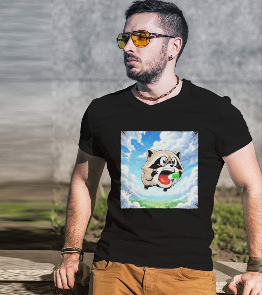 Jimothy Raccoon Cartoon Sky Dive With Colorful Capsule T-Shirt