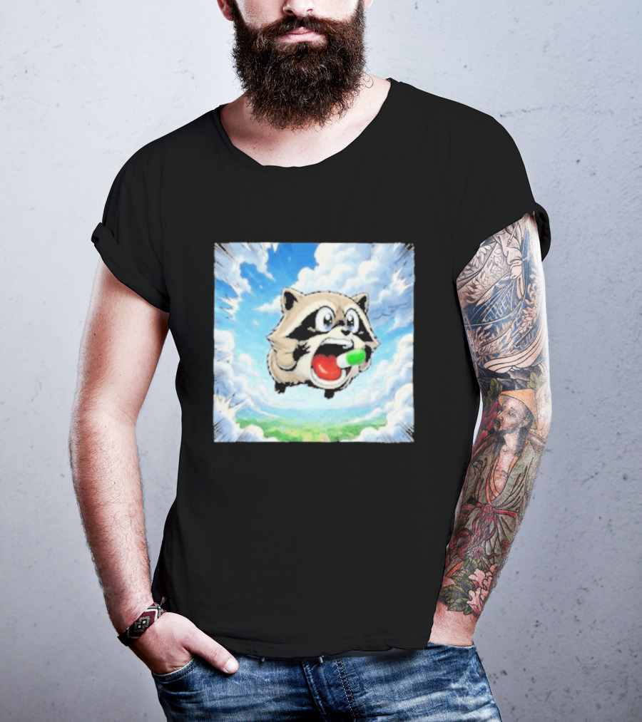 Jimothy Raccoon Cartoon Sky Dive With Colorful Capsule T-Shirt