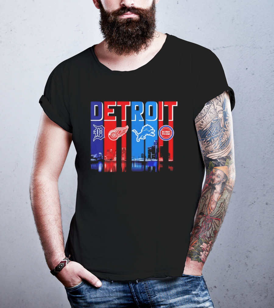 Detroit Tigers Red Wings Lions Pistons City Skyline 2026 T-Shirt