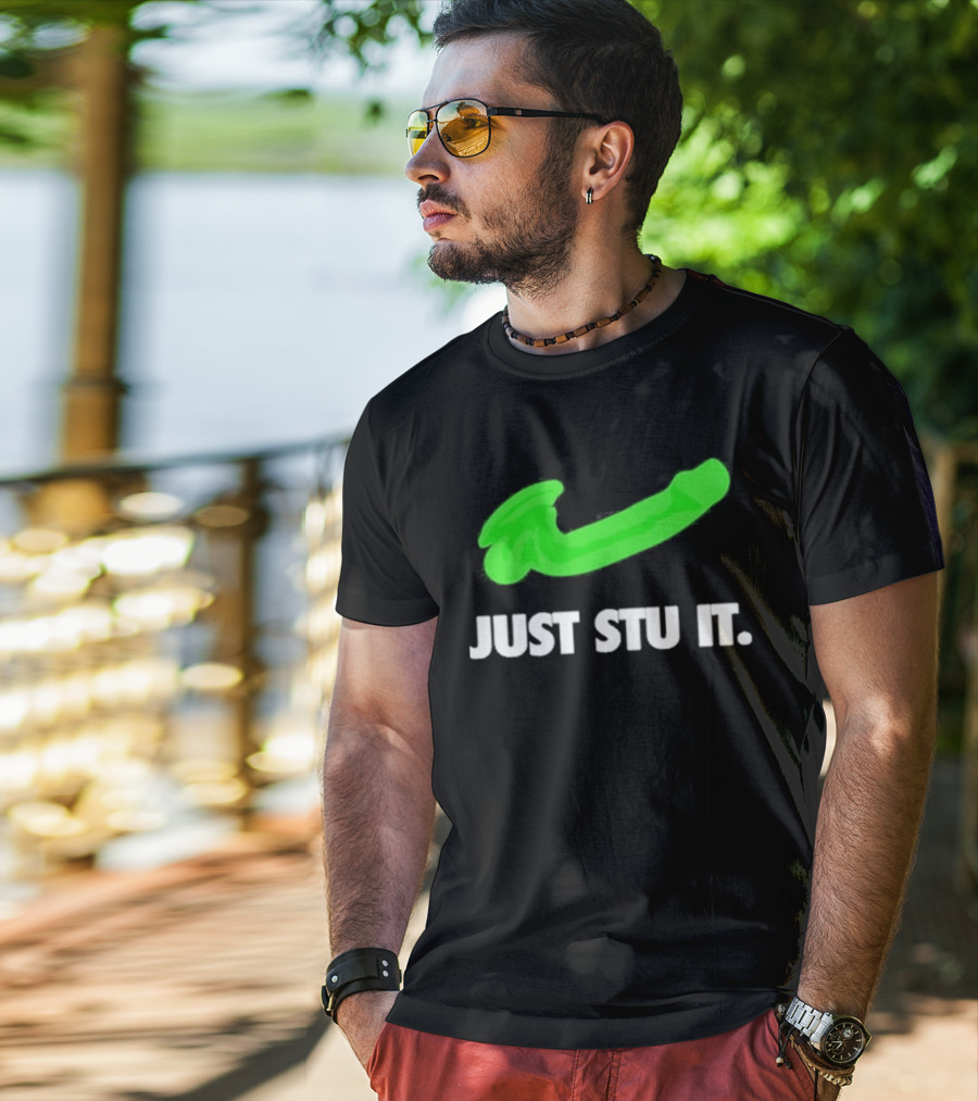 Just Stu It Green Swoosh Iconic Phrase T-Shirt