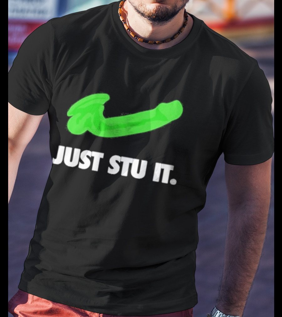 Just Stu It Green Swoosh Iconic Phrase T-Shirt