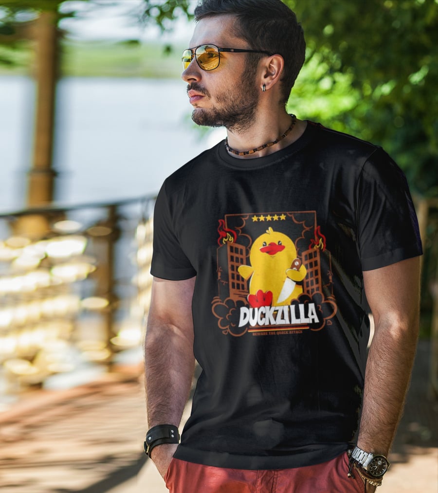 Duckzilla Beware The Quack Attack Knife Wielding Giant Duck With Burning Buildings T-Shirt