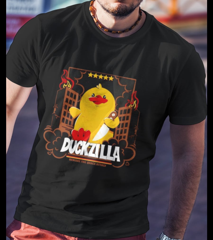 Duckzilla Beware The Quack Attack Knife Wielding Giant Duck With Burning Buildings T-Shirt