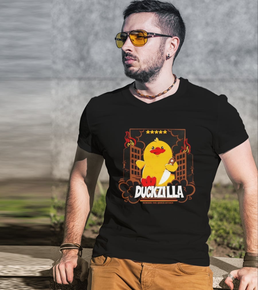 Duckzilla Beware The Quack Attack Knife Wielding Giant Duck With Burning Buildings T-Shirt