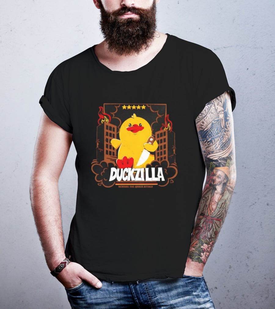 Duckzilla Beware The Quack Attack Knife Wielding Giant Duck With Burning Buildings T-Shirt