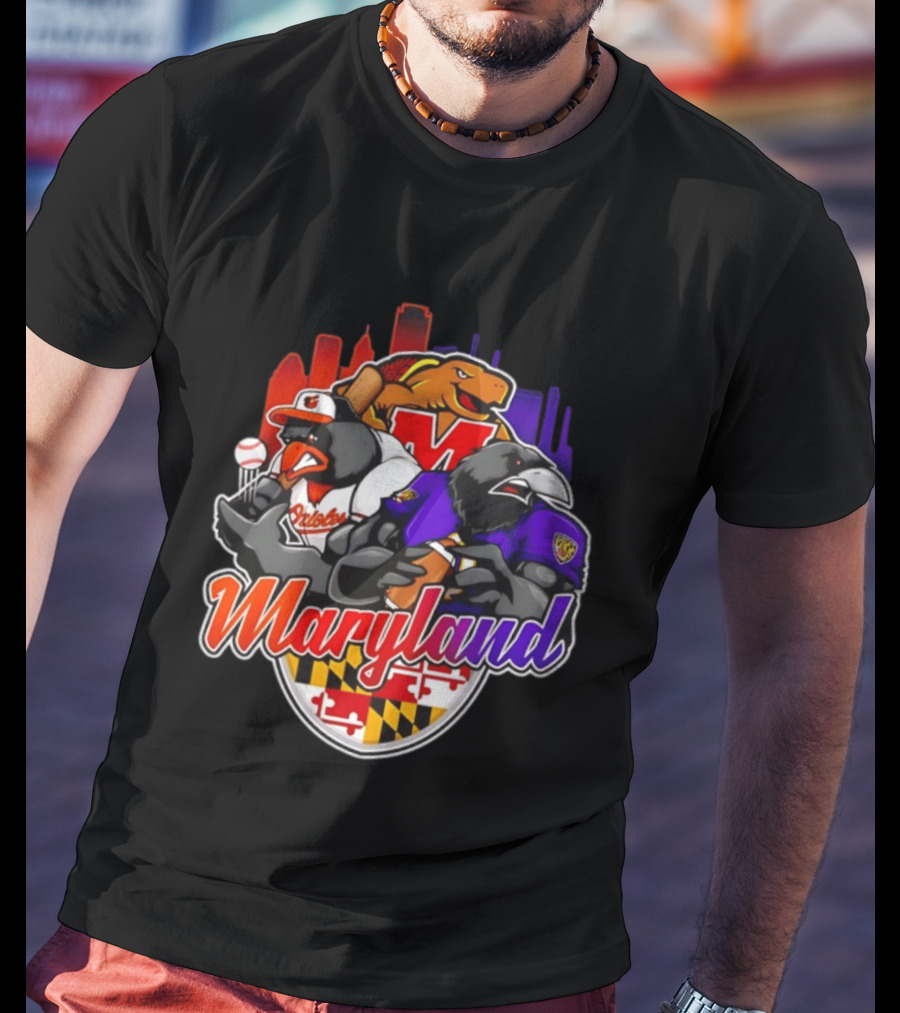 Maryland Orioles Ravens Terrapins Skyline Mashup With Flag T-Shirt