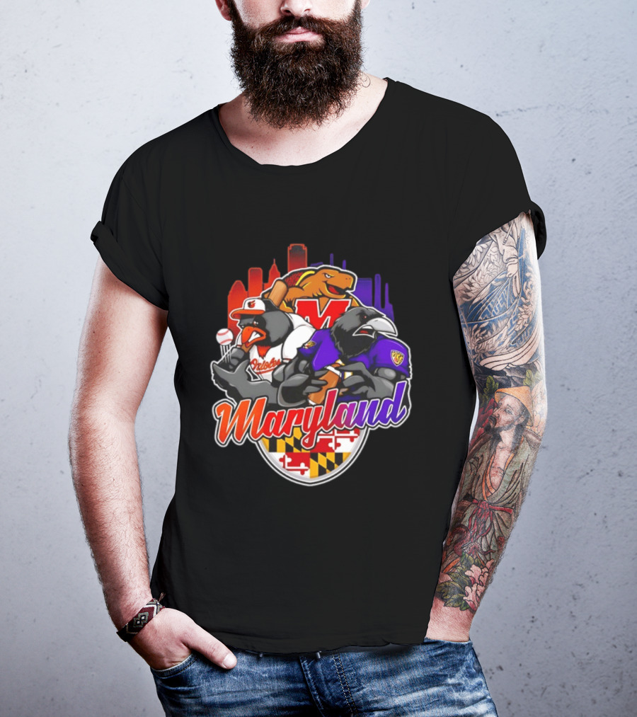 Maryland Orioles Ravens Terrapins Skyline Mashup With Flag T-Shirt