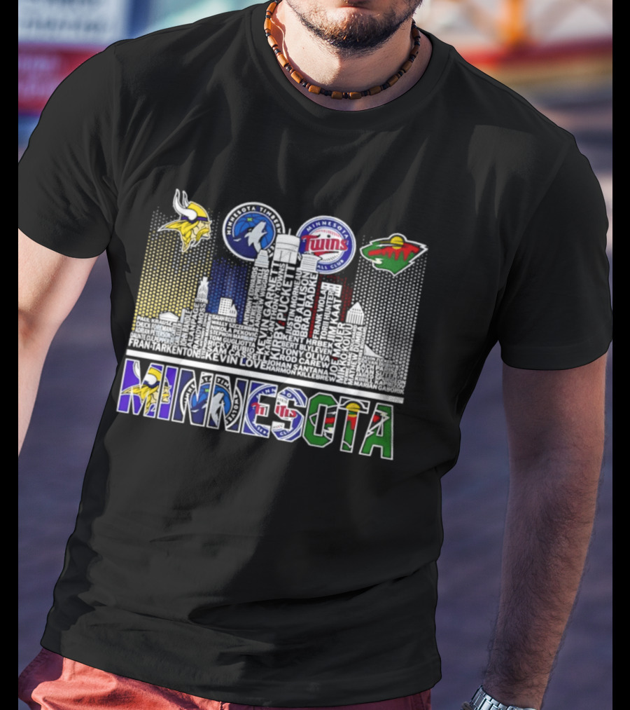 Minnesota Vikings Timberwolves Twins Wild Skyline Roster Names T-Shirt