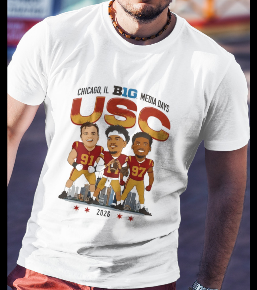 USC Trojans Big Ten Media Days 2026 Chicago Skyline Caricature Jayden Maiava Alex VanSumeren Jide Abasiri T-Shirt