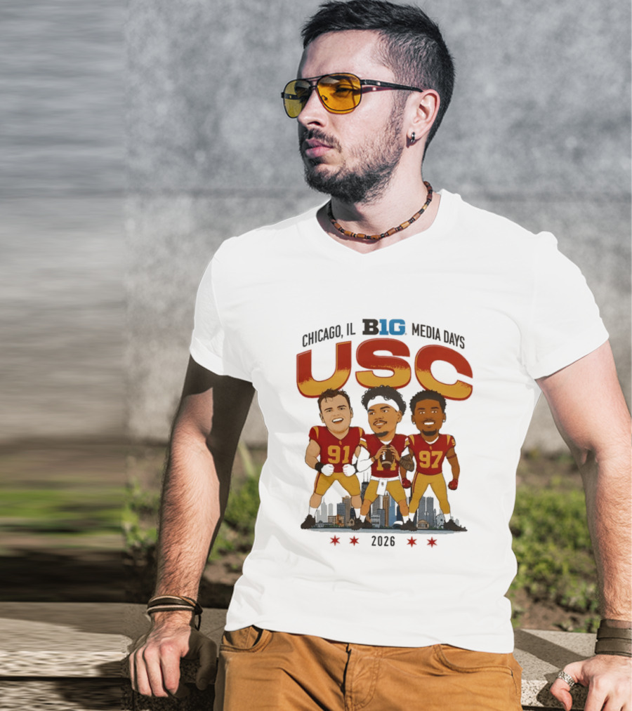 USC Trojans Big Ten Media Days 2026 Chicago Skyline Caricature Jayden Maiava Alex VanSumeren Jide Abasiri T-Shirt
