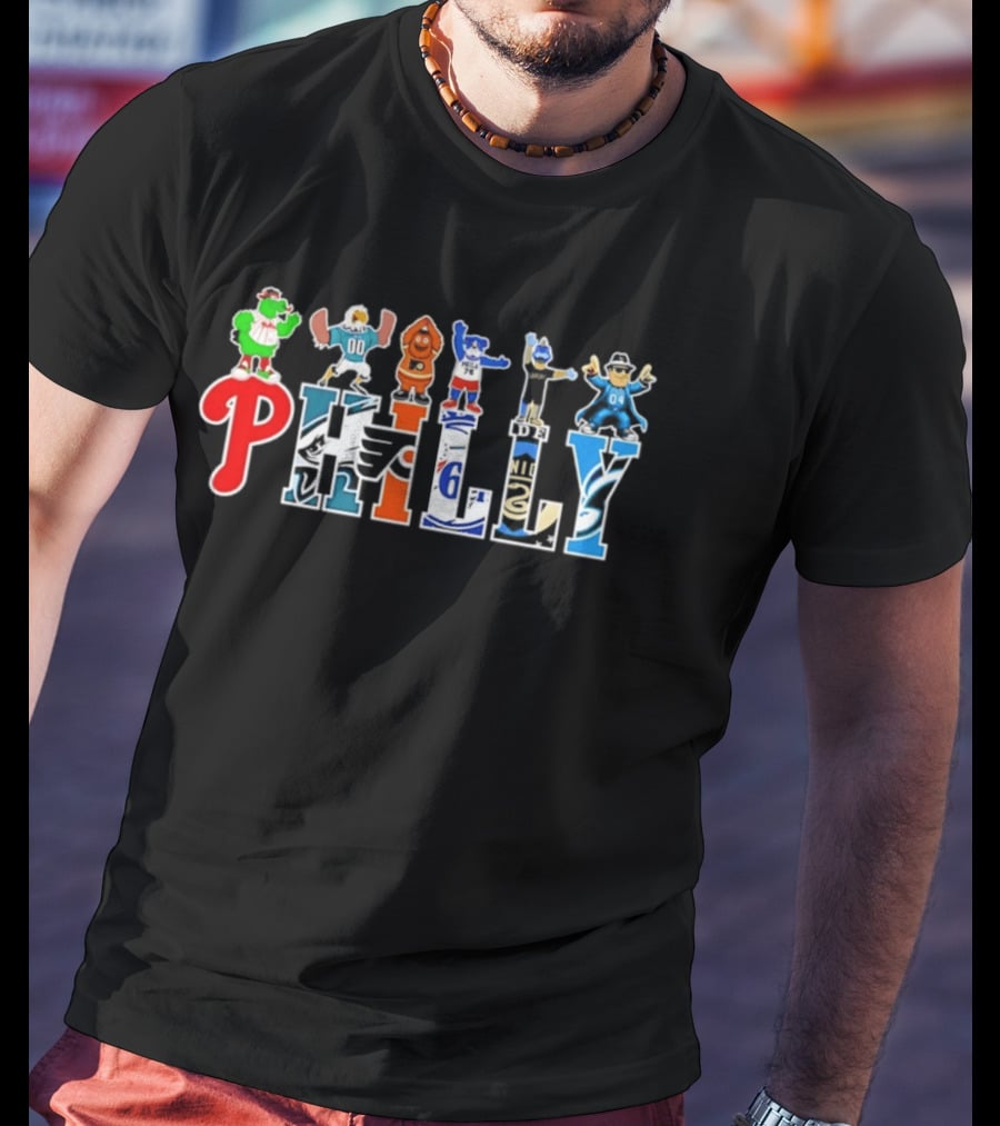 Philly Mascots 2026 Phillies Eagles Flyers Sixers Union Phanatic Gritty Swoop Franklin Fang T-Shirt