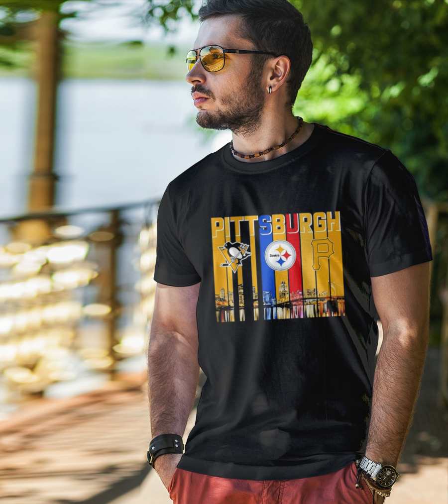 Pittsburgh Penguins Steelers Pirates City Skyline 2026 Sports Teams T-Shirt