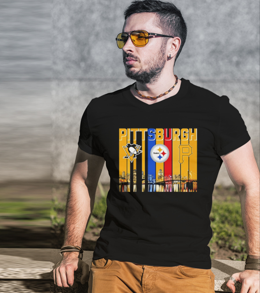 Pittsburgh Penguins Steelers Pirates City Skyline 2026 Sports Teams T-Shirt